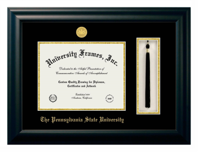 Pennsylvania State University Diploma with Tassel Box Frame in Satin Black with Black & Gold Mats for document: 8 1/2"h x 11"w  
