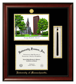 University of Massachusetts Double Opening with Campus Image & Tassel Box (Stacked) Frame in Avalon Mahogany with Black & Gold Mats for  8 1/2"h x 11"w  