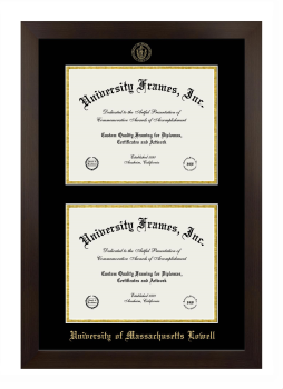 University of Massachusetts Lowell Double Degree (Stacked) Frame in Manhattan Espresso with Black & Gold Mats for DOCUMENT: 8 1/2"H X 11"W  , DOCUMENT: 8 1/2"H X 11"W  