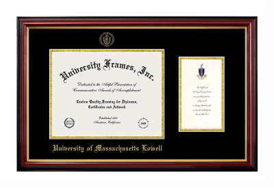 University of Massachusetts Lowell Diploma with Announcement Frame in Petite Mahogany with Gold Trim with Black & Gold Mats for DOCUMENT: 8 1/2"H X 11"W  ,  7"H X 4"W  