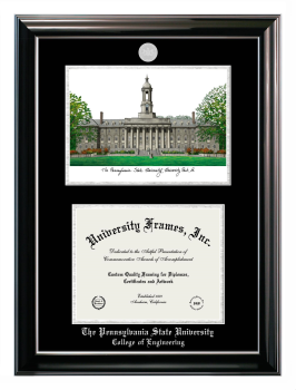 Pennsylvania State University College of Engineering Double Opening with Campus Image (Stacked) Frame in Classic Ebony with Silver Trim with Black & Silver Mats for document: 8 1/2"h x 11"w  