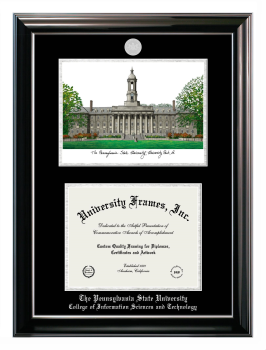 Pennsylvania State University College of Information Sciences and Technology Double Opening with Campus Image (Stacked) Frame in Classic Ebony with Silver Trim with Black & Silver Mats for document: 8 1/2"h x 11"w  