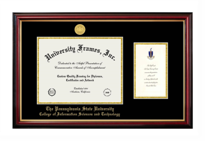 Pennsylvania State University College of Information Sciences and Technology Diploma with Announcement Frame in Petite Mahogany with Gold Trim with Black & Gold Mats for document: 8 1/2"h x 11"w  , diploma: 7"h x 4"w  