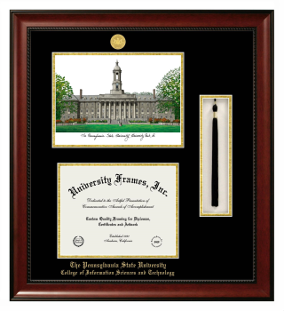 Pennsylvania State University College of Information Sciences and Technology Double Opening with Campus Image & Tassel Box (Stacked) Frame in Avalon Mahogany with Black & Gold Mats for document: 8 1/2"h x 11"w  