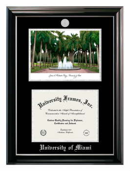 University of Miami Double Opening with Campus Image (Stacked) Frame in Classic Ebony with Silver Trim with Black & Silver Mats for DOCUMENT: 8 1/2"H X 11"W  