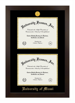 University of Miami Double Degree (Stacked) Frame in Manhattan Espresso with Black & Gold Mats for DOCUMENT: 8 1/2"H X 11"W  , DOCUMENT: 8 1/2"H X 11"W  