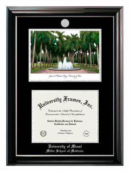 University of Miami Miller School of Medicine Double Opening with Campus Image (Stacked) Frame in Classic Ebony with Silver Trim with Black & Silver Mats for document: 8 1/2"h x 11"w  