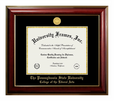 Pennsylvania State University College of the Liberal Arts Diploma Frame in Classic Mahogany with Gold Trim with Black & Gold Mats for DOCUMENT: 8 1/2"H X 11"W  