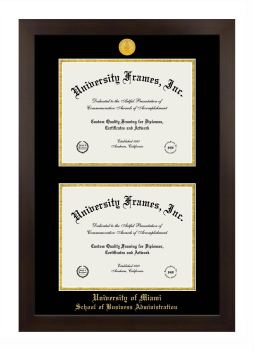 University of Miami School of Business Administration Double Degree (Stacked) Frame in Manhattan Espresso with Black & Gold Mats for document: 8 1/2"h x 11"w  , document: 8 1/2"h x 11"w  
