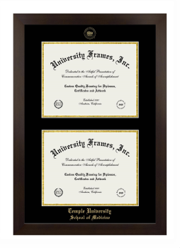Temple University School of Medicine Double Degree (Stacked) Frame in Manhattan Espresso with Black & Gold Mats for document: 8 1/2"h x 11"w  , document: 8 1/2"h x 11"w  