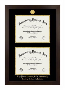 Pennsylvania State University Hershey College of Medicine Double Degree (Stacked) Frame in Manhattan Espresso with Black & Gold Mats for document: 8 1/2"h x 11"w  , document: 8 1/2"h x 11"w  