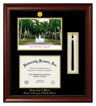 Double Opening with Campus Image & Tassel Box (Stacked) Frame in Avalon Mahogany with Black & Gold Mats for DOCUMENT: 8 1/2"H X 11"W  