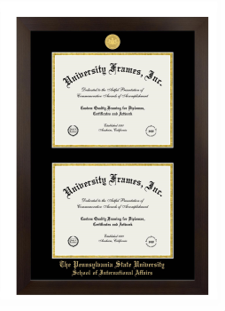 Pennsylvania State University School of International Affairs Double Degree (Stacked) Frame in Manhattan Espresso with Black & Gold Mats for document: 8 1/2"h x 11"w  , document: 8 1/2"h x 11"w  