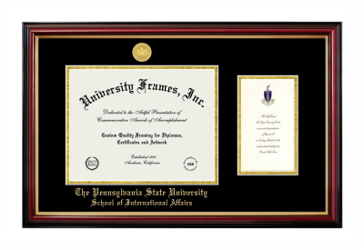 Pennsylvania State University School of International Affairs Diploma with Announcement Frame in Petite Mahogany with Gold Trim with Black & Gold Mats for document: 8 1/2"h x 11"w  , diploma: 7"h x 4"w  