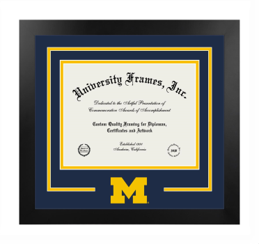 University of Michigan Logo Mat Frame in Manhattan Black with Navy Blue & Amber Mats for DOCUMENT: 8 1/2"H X 11"W  