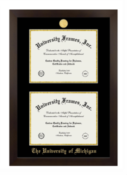 University of Michigan Double Degree (Stacked) Frame in Manhattan Espresso with Black & Gold Mats for DOCUMENT: 8 1/2"H X 11"W  , DOCUMENT: 8 1/2"H X 11"W  