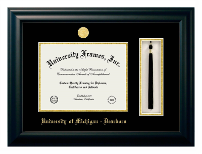 University of Michigan - Dearborn Diploma with Tassel Box Frame in Satin Black with Black & Gold Mats for DOCUMENT: 8 1/2"H X 11"W  