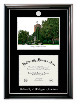 University of Michigan - Dearborn Double Opening with Campus Image (Stacked) Frame in Classic Ebony with Silver Trim with Black & Silver Mats for document: 8 1/2"h x 11"w  
