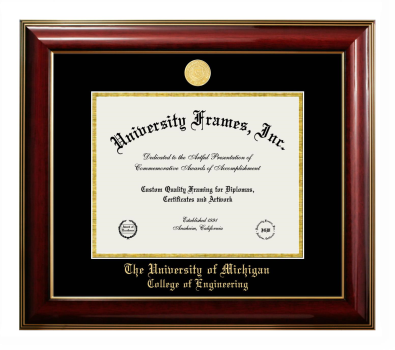 University of Michigan College of Engineering Diploma Frame in Classic Mahogany with Gold Trim with Black & Gold Mats for document: 8 1/2"h x 11"w  