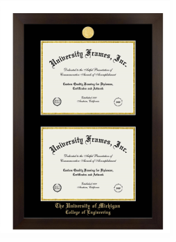 University of Michigan College of Engineering Double Degree (Stacked) Frame in Manhattan Espresso with Black & Gold Mats for document: 8 1/2"h x 11"w  , document: 8 1/2"h x 11"w  