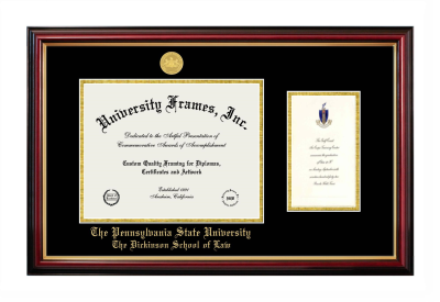 Pennsylvania State University The Dickinson School of Law Diploma with Announcement Frame in Petite Mahogany with Gold Trim with Black & Gold Mats for document: 8 1/2"h x 11"w  , diploma: 7"h x 4"w  