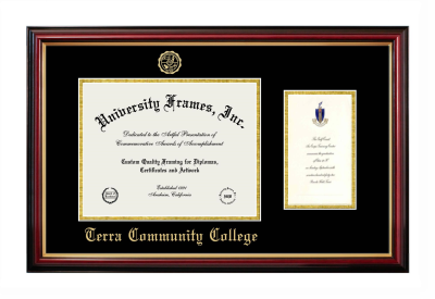 Terra Community College Diploma with Announcement Frame in Petite Mahogany with Gold Trim with Black & Gold Mats for document: 8 1/2"h x 11"w  , diploma: 7"h x 4"w  