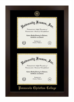 Pensacola Christian College Double Degree (Stacked) Frame in Manhattan Espresso with Black & Gold Mats for document: 8 1/2"h x 11"w  , document: 8 1/2"h x 11"w  