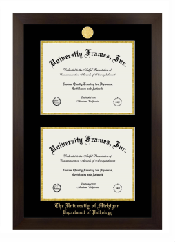 University of Michigan Department of Pathology Double Degree (Stacked) Frame in Manhattan Espresso with Black & Gold Mats for document: 8 1/2"h x 11"w  , document: 8 1/2"h x 11"w  