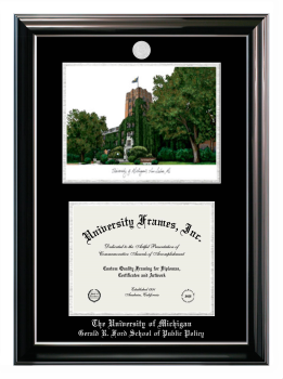 University of Michigan Gerald R. Ford School of Public Policy Double Opening with Campus Image (Stacked) Frame in Classic Ebony with Silver Trim with Black & Silver Mats for DOCUMENT: 8 1/2"H X 11"W  