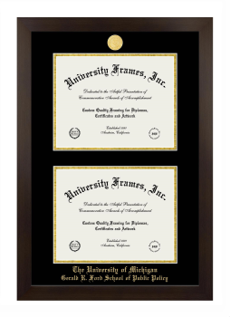 University of Michigan Gerald R. Ford School of Public Policy Double Degree (Stacked) Frame in Manhattan Espresso with Black & Gold Mats for DOCUMENT: 8 1/2"H X 11"W  , DOCUMENT: 8 1/2"H X 11"W  
