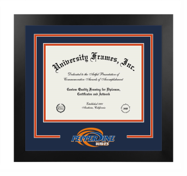 Pepperdine University Logo Mat Frame in Manhattan Black with Navy Blue & Orange Mats for document: 8 1/2"h x 11"w  