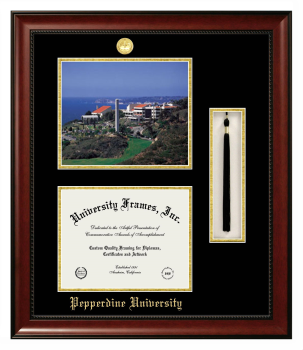 Pepperdine University Double Opening with Campus Image & Tassel Box (Stacked) Frame in Avalon Mahogany with Black & Gold Mats for document: 8 1/2"h x 11"w  