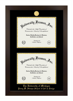 University of Michigan Penny W. Stamps School of Art & Design Double Degree (Stacked) Frame in Manhattan Espresso with Black & Gold Mats for document: 8 1/2"h x 11"w  , document: 8 1/2"h x 11"w  