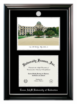 Texas A&M University at Galveston Double Opening with Campus Image (Stacked) Frame in Classic Ebony with Silver Trim with Black & Silver Mats for document: 8 1/2"h x 11"w  