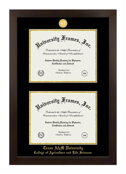Texas A&M University College of Agriculture and Life Sciences Double Degree (Stacked) Frame in Manhattan Espresso with Black & Gold Mats for document: 8 1/2"h x 11"w  , document: 8 1/2"h x 11"w  