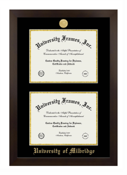 University of Milbridge Double Degree (Stacked) Frame in Manhattan Espresso with Black & Gold Mats for document: 8 1/2"h x 11"w  , document: 8 1/2"h x 11"w  
