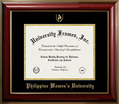 Philippine Women' University Diploma Frame in Classic Mahogany with Gold Trim with Black & Gold Mats for DOCUMENT: 8 1/2"H X 11"W  