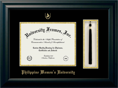 Philippine Women' University Diploma with Tassel Box Frame in Satin Black with Black & Gold Mats for DOCUMENT: 8 1/2"H X 11"W  