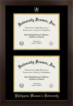 Philippine Women' University Double Degree (Stacked) Frame in Manhattan Espresso with Black & Gold Mats for DOCUMENT: 8 1/2"H X 11"W  , DOCUMENT: 8 1/2"H X 11"W  