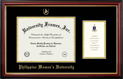 Philippine Women' University Diploma with Announcement Frame in Petite Mahogany with Gold Trim with Black & Gold Mats for DOCUMENT: 8 1/2"H X 11"W  ,  7"H X 4"W  