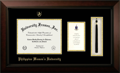 Philippine Women' University Diploma with Announcement & Tassel Box Frame in Legacy Black Cherry with Black & Gold Mats for DOCUMENT: 8 1/2"H X 11"W  ,  7"H X 4"W  