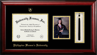 Philippine Women' University Diploma with 5 x 7 Portrait & Tassel Box Frame in Classic Mahogany with Black & Gold Mats for DOCUMENT: 8 1/2"H X 11"W  