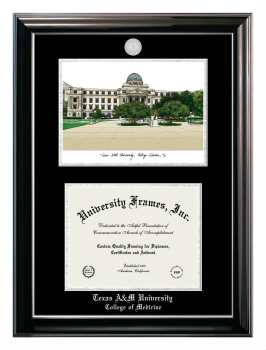 Texas A&M University College of Medicine Double Opening with Campus Image (Stacked) Frame in Classic Ebony with Silver Trim with Black & Silver Mats for document: 8 1/2"h x 11"w  