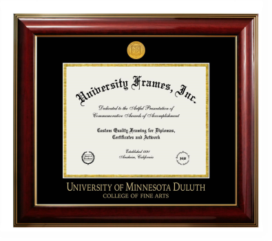 University of Minnesota Duluth School of Fine Arts Diploma Frame in Classic Mahogany with Gold Trim with Black & Gold Mats for document: 8 1/2"h x 11"w  