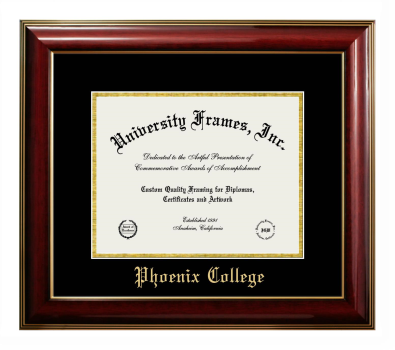 Phoenix College Diploma Frame in Classic Mahogany with Gold Trim with Black & Gold Mats for DOCUMENT: 8 1/2"H X 11"W  