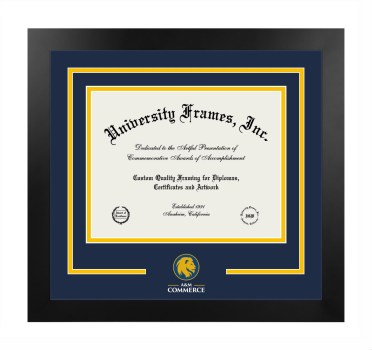 Texas A&M University Commerce Logo Mat Frame in Manhattan Black with Navy Blue & Amber Mats for document: 8 1/2"h x 11"w  