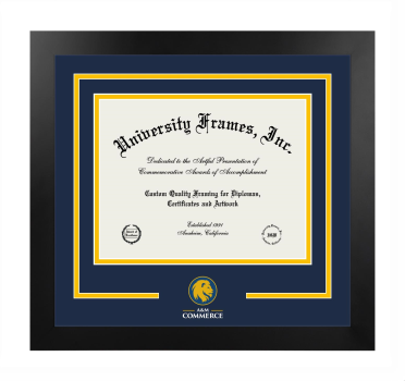 Texas A&M University Commerce Logo Mat Frame in Manhattan Black with Navy Blue & Amber Mats for DOCUMENT: 8 1/2"H X 11"W  