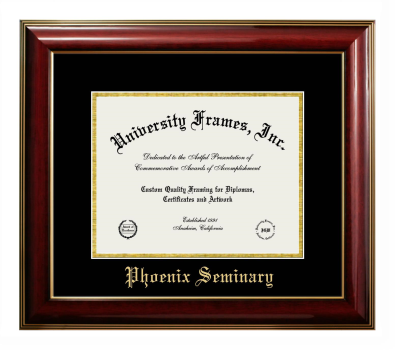 Phoenix Seminary Diploma Frame in Classic Mahogany with Gold Trim with Black & Gold Mats for DOCUMENT: 8 1/2"H X 11"W  