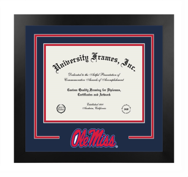 University of Mississippi Logo Mat Frame in Manhattan Black with Navy Blue & Red Mats for DOCUMENT: 8 1/2"H X 11"W  