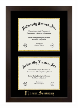 Phoenix Seminary Double Degree (Stacked) Frame in Manhattan Espresso with Black & Gold Mats for document: 8 1/2"h x 11"w  , document: 8 1/2"h x 11"w  